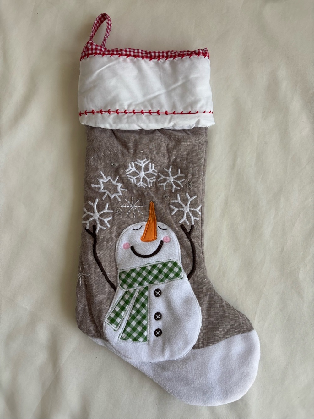 Pottery Barn Kids snowman quilted Christmas holiday stocking grey and white